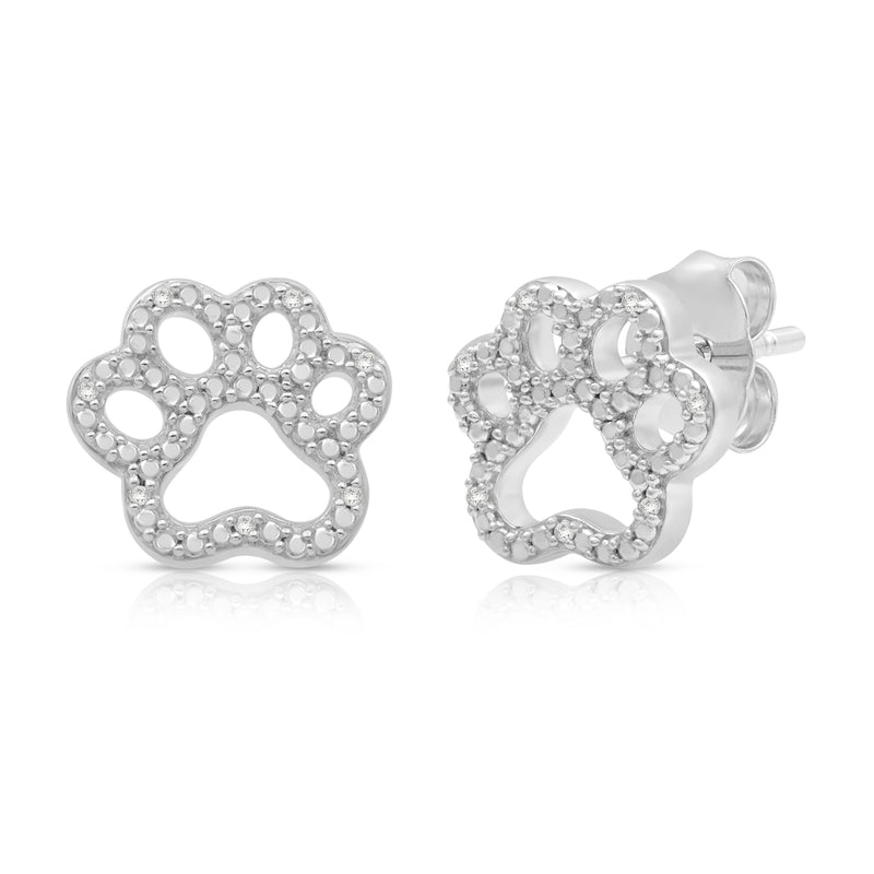 Jewelili Paw Stud Earrings with Natural White Round Diamonds in Sterling Silver View 1