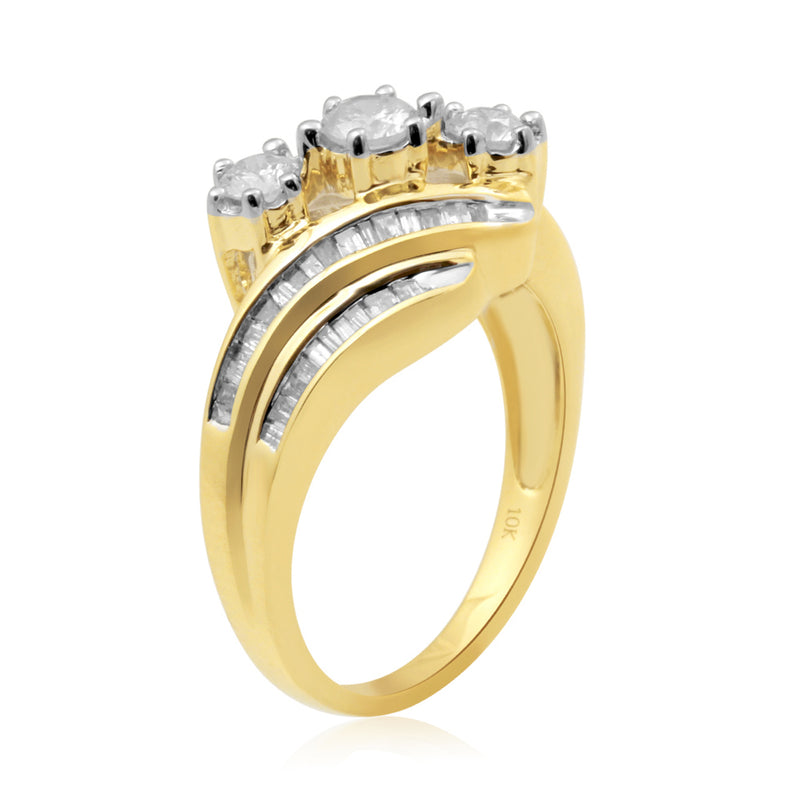 Jewelili 10K Yellow Gold with 3/4 CTTW Natural White Baguette and Round Cut Diamonds 3 Stone Engagement Ring