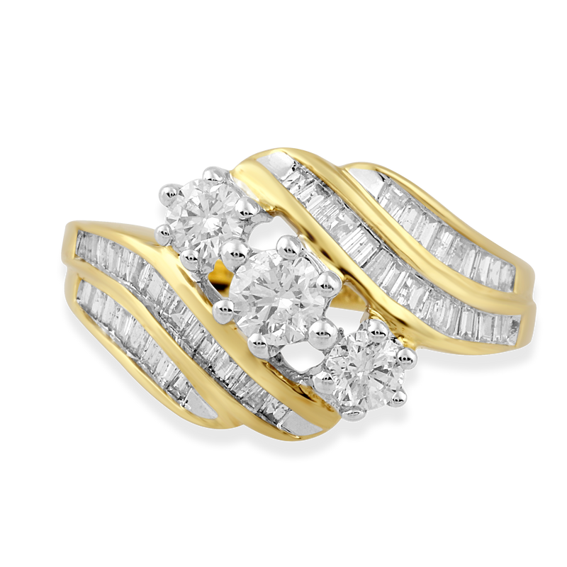 Jewelili 10K Yellow Gold with 3/4 CTTW Natural White Baguette and Round Cut Diamonds 3 Stone Engagement Ring