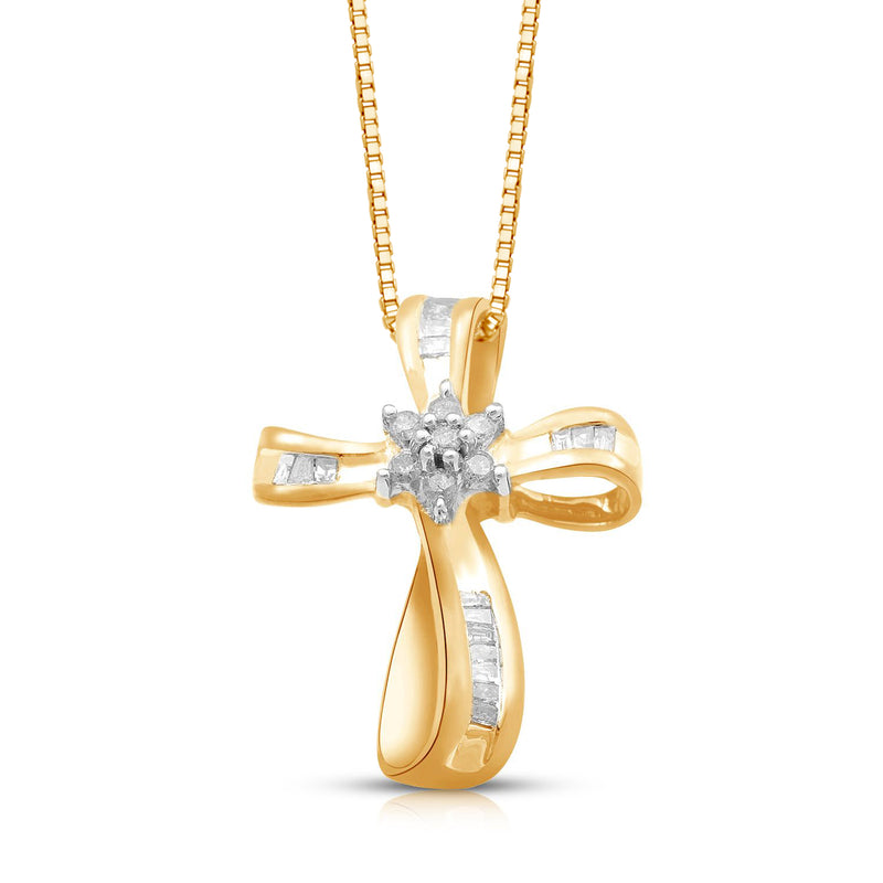 Jewelili 14K Yellow Gold Over Sterling Silver with 1/4 Cttw Baguette and Round White Diamonds Cross Pendant Necklace