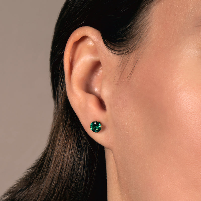 Jewelili Stud Earrings with Round Shape Created Emerald in 10K Yellow Gold view 1