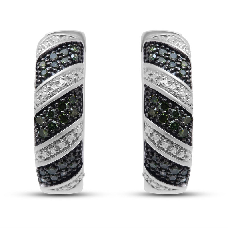 Jewelili Hoop Earrings with Treated Green Diamonds and White Natural Diamonds in Sterling Silver 3/8 CTTW View 2