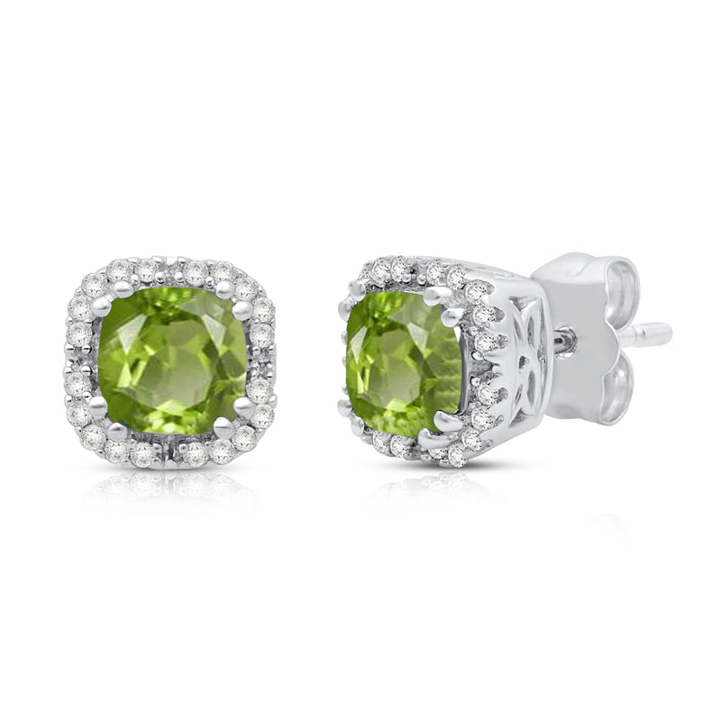 Jewelili Peridot Stud Earrings with Round Natural Diamonds and Cushion Cut in 10K White Gold 1/10 CTTW View 1