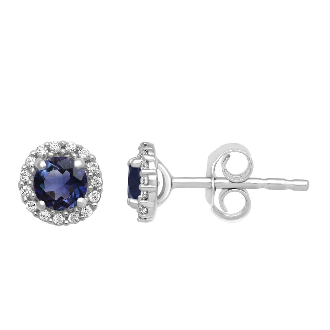 Jewelili Sterling Silver With Round Created Blue Sapphire and Cubic Zirconia Earrings