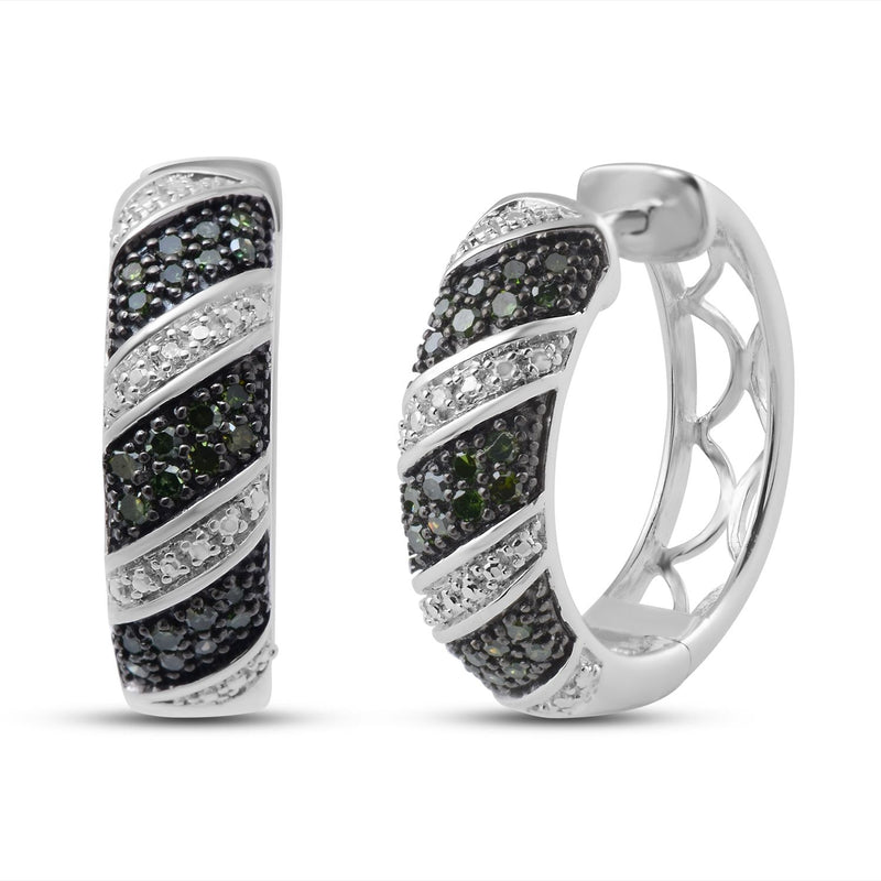 Jewelili Hoop Earrings with Treated Green Diamonds and White Natural Diamonds in Sterling Silver 3/8 CTTW View 1