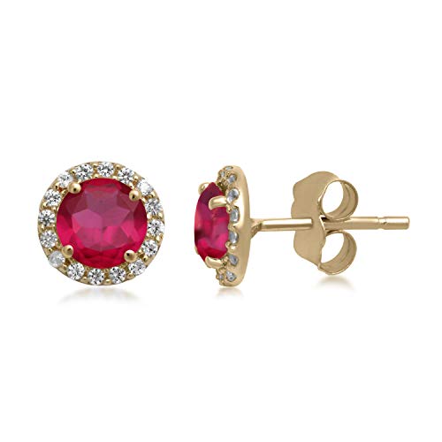 Jewelili 10K Yellow Gold with Round Created Ruby and Created White Sapphire Stud Earrings