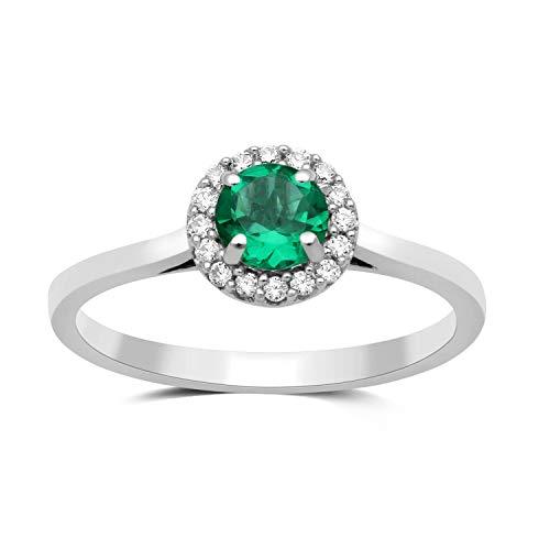 Jewelili Cubic Zirconia Halo Ring with Simulated Emerald in Sterling Silver View 1