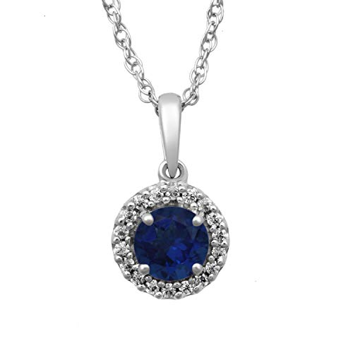 Jewelili Sterling Silver with Round Created Blue Sapphire and Round Cubic Zirconia Pendant Necklace