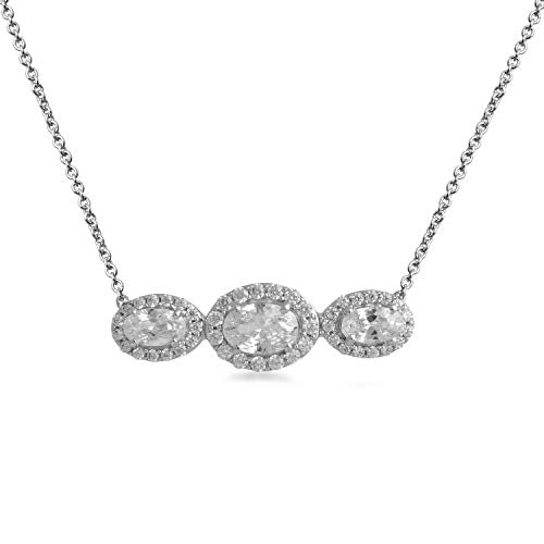 Jewelili Sterling Silver 6x4mm and 5x3mm Oval Shape and Round Shape Cubic Zirconia Pendant Necklace, 18" Rope Chain
