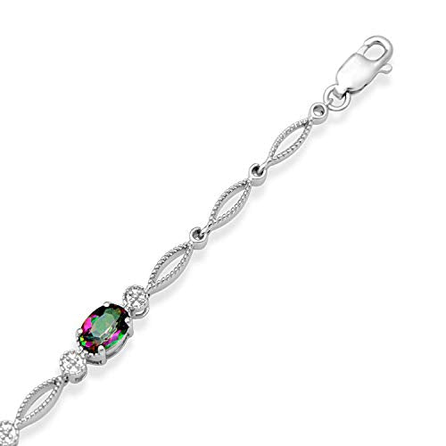 Jewelili Fashion Bracelet with Oval Shape Simulated Mystic Topaz in Sterling Silver View 2