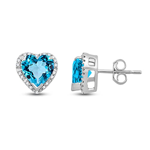 Jewelili 10K White Gold with Heart Shape Natural Swiss Blue Topaz and 1/10 CTTW Natural White Round Diamonds Stud Earrings