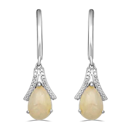 Jewelili Teardrop Drop Earrings with Ethiopian Opal and White Diamonds in Sterling Silver View 2
