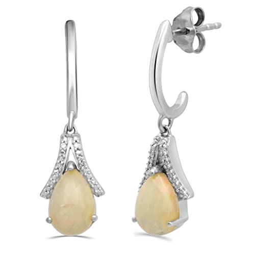 Jewelili Teardrop Drop Earrings with Ethiopian Opal and White Diamonds in Sterling Silver View 1