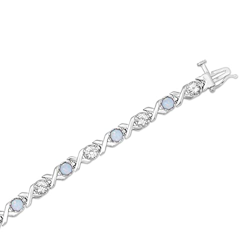 Jewelili Bracelet Created Opal and Created White Sapphire in Sterling Silver View 1
