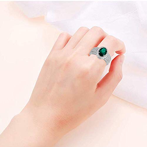 Jewelili Halo Ring with Created Emerald and Created White Sapphire in Sterling Silver View 5