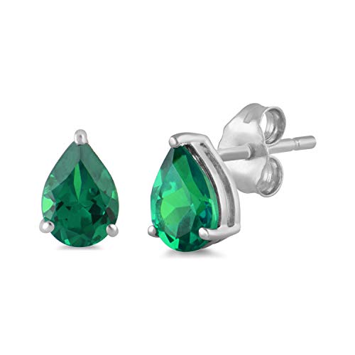 Jewelili Teardrop Drop Earrings with Pear Shape Created Emerald in Sterling Silver View 1