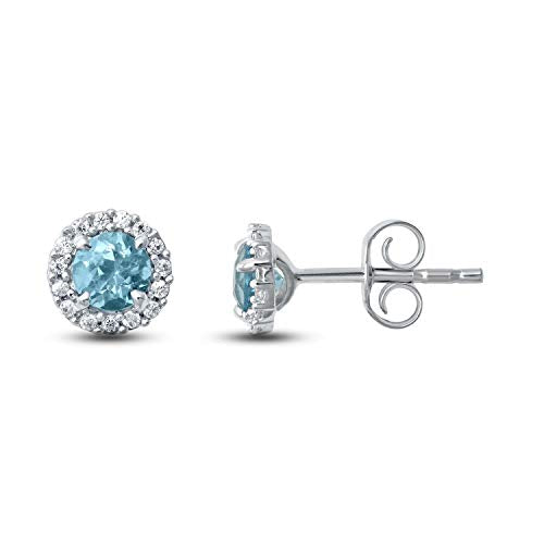 Jewelili Cubic Zirconia Stud Earrings with Simulated Round Shape Aquamarine and Round Cubic over Sterling Silver