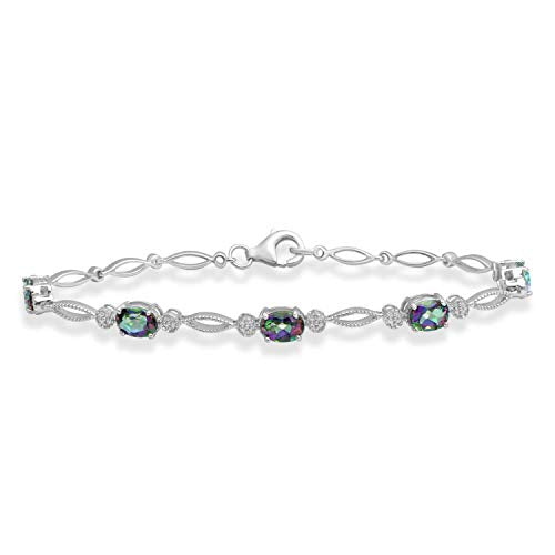 Jewelili Fashion Bracelet with Oval Shape Simulated Mystic Topaz in Sterling Silver