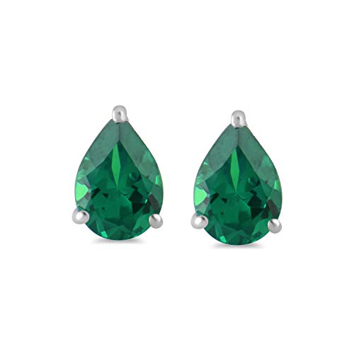 Jewelili Teardrop Drop Earrings with Pear Shape Created Emerald in Sterling Silver View 2