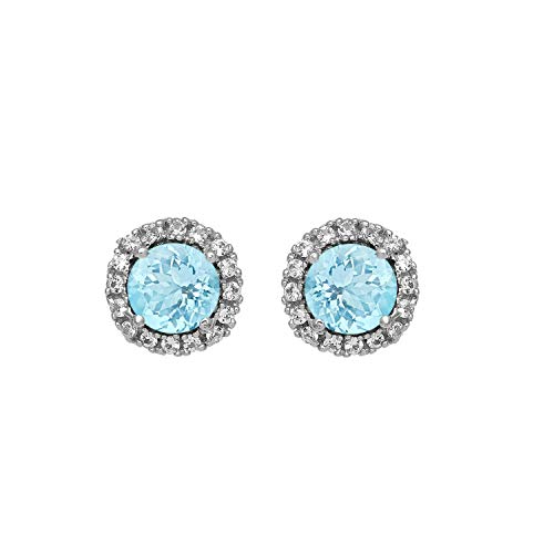 Jewelili Sterling Silver 5mm Round Aquamarine and Created White Sapphire Halo Stud Earrings
