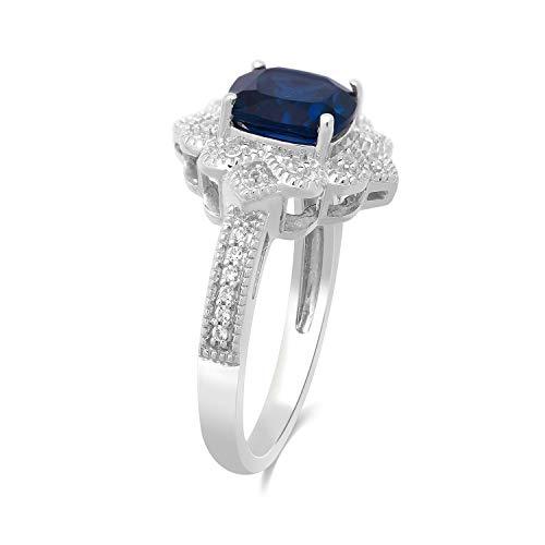 Jewelili Ring with White Diamonds and Cushion Shape Created Blue Sapphire in Sterling Silver 1/6 CTTW View 2