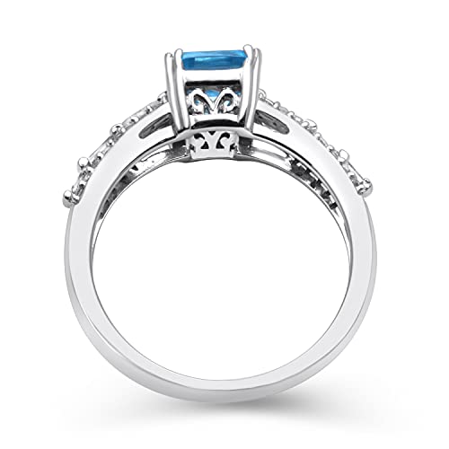 Jewelili Ring with Octagon Swiss Blue Topaz with Baguette and Round Created White Sapphire in 10K White Gold View 2