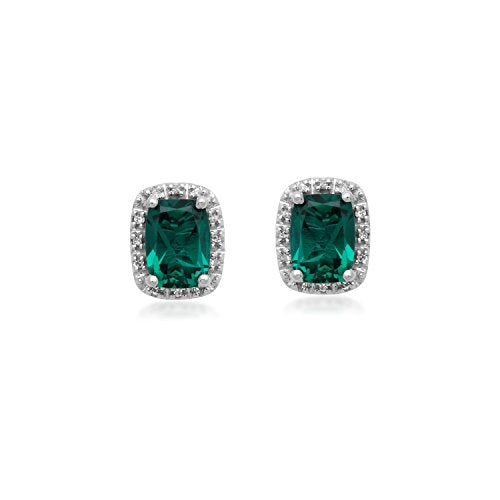 Jewelili 10K White Gold Cushion Cut Created Emerald and Diamonds Stud Earrings
