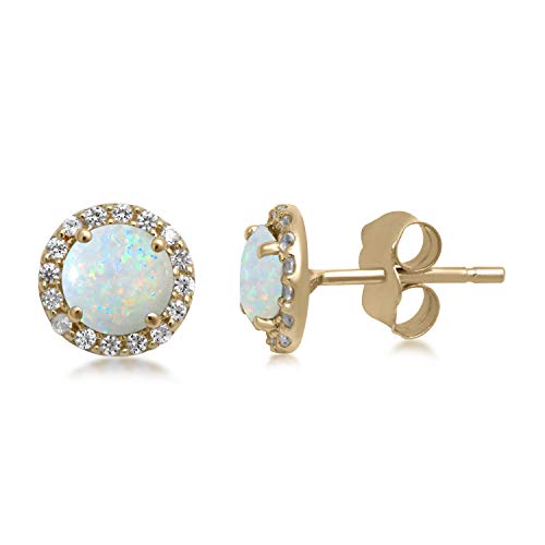 Jewelili 10K Yellow Gold With Round Created Opal and Created White Sapphire Stud Earrings