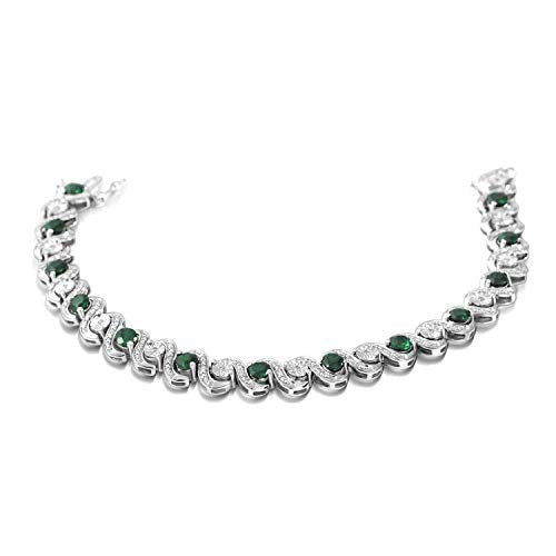 Jewelili Sterling Silver With 1/10CTTW Natural White Diamonds and 4mm Created Emerald Bracelet