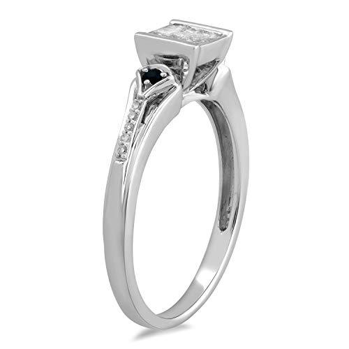 Jewelili Ring with Princess Cut and Round Natural White Diamonds With 1.5mm Blue Sapphire in 10K White Gold 1/4 CTTW View 2