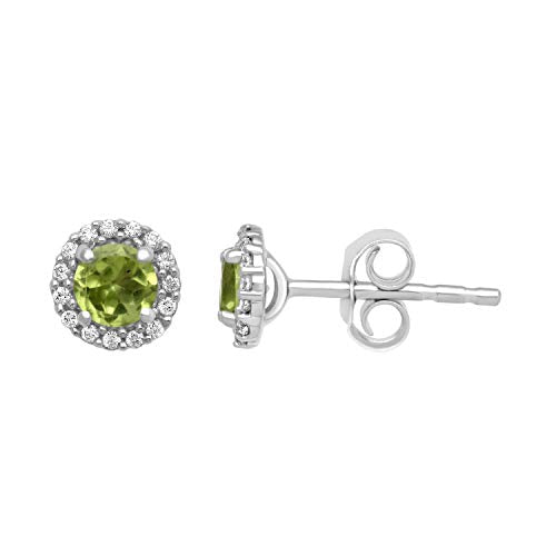 Jewelili Sterling Silver With Round Peridot and Cubic Zirconia Earrings
