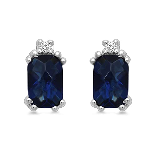 Jewelili Sterling Silver with Checker Board Cushion Cut Created Sapphire and Round Cubic Zirconia Ring, Pendant and Stud Earrings Box Set