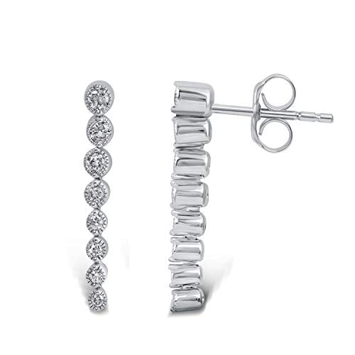 Jewelili Sterling Silver with 1/4 CTTW Natural Round White Diamonds Straight Bar Earrings