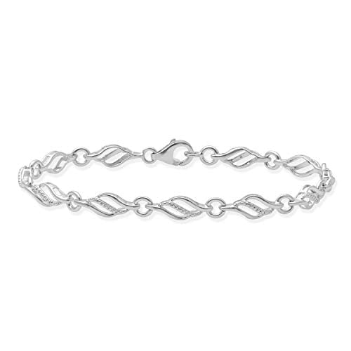 Jewelili Diamond Link Bracelet Natural White Round in Sterling Silver