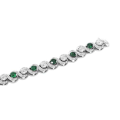 Jewelili Sterling Silver With 1/10CTTW Natural White Diamonds and 4mm Created Emerald Bracelet