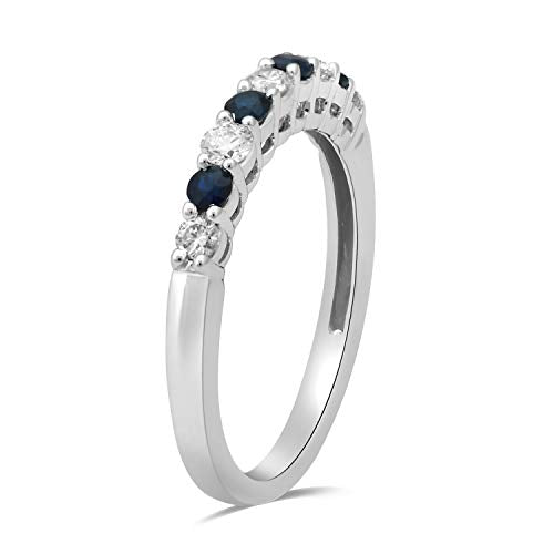 Jewelili Band Ring with Natural White Diamonds and Blue Sapphire in 14K White Gold 1/3 CTTW View 2
