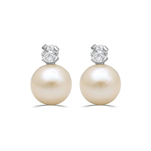 Jewelili Sterling Silver 5.5mm Round Cultured Pearl and White Cubic Zirconia Stud Earrings