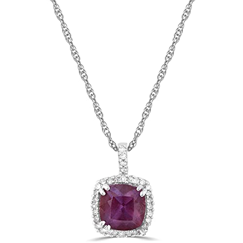 Jewelili Halo Pendant Necklace with Diamonds and Created Alexandrite in 10K White Gold 1/12 CTTW