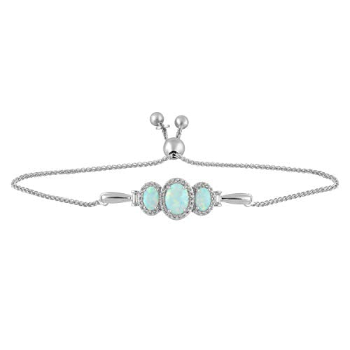 Jewelili Bolo Bracelet Oval Created Opal and Tapper Baguette and Round Created White Sapphire in Sterling Silver