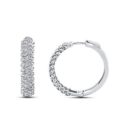 Jewelili 10K White Gold with 1 1/2 CTTW Natural White Diamond Hoop Earrings