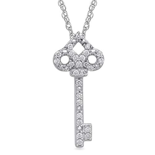 Jewelili Sterling Silver With 1/5 CTTW Round Natural Diamonds Key Shape Pendant Necklace