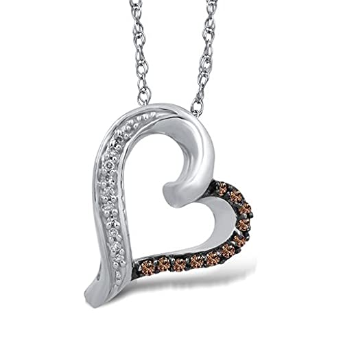 Jewelili Tilted Heart Pendant Necklace with Champagne and White Diamonds in 10K White Gold