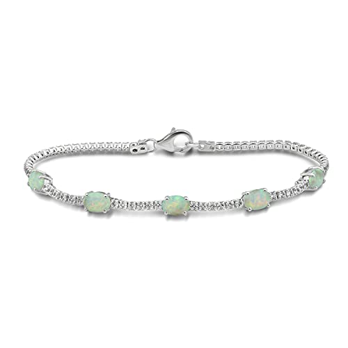 Jewelili Sterling Silver 7x5mm Oval Created Opal and Created White Sapphire Bracelet, 7.5 inch