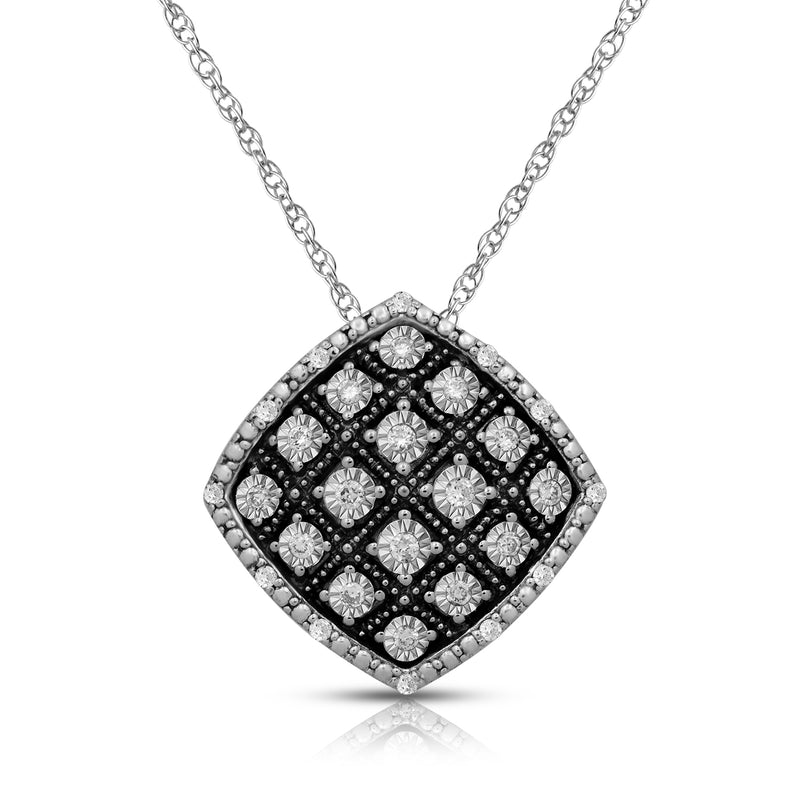 Jewelili Miracle Plate Cushion Shape Pendant Necklace with Natural White Round Diamonds in Sterling Silver 1/6 CTTW