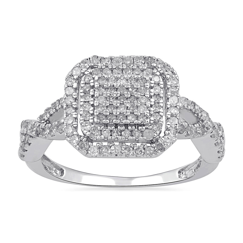 Jewelili Sterling Silver 1/2 CTTW Natural White Round Diamonds Square Cluster Ring
