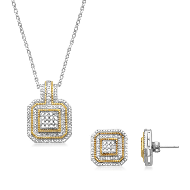 Jewelili 14K Yellow Gold Over Sterling Silver with Cushion Framed Pendant Necklace and Earring Box Set