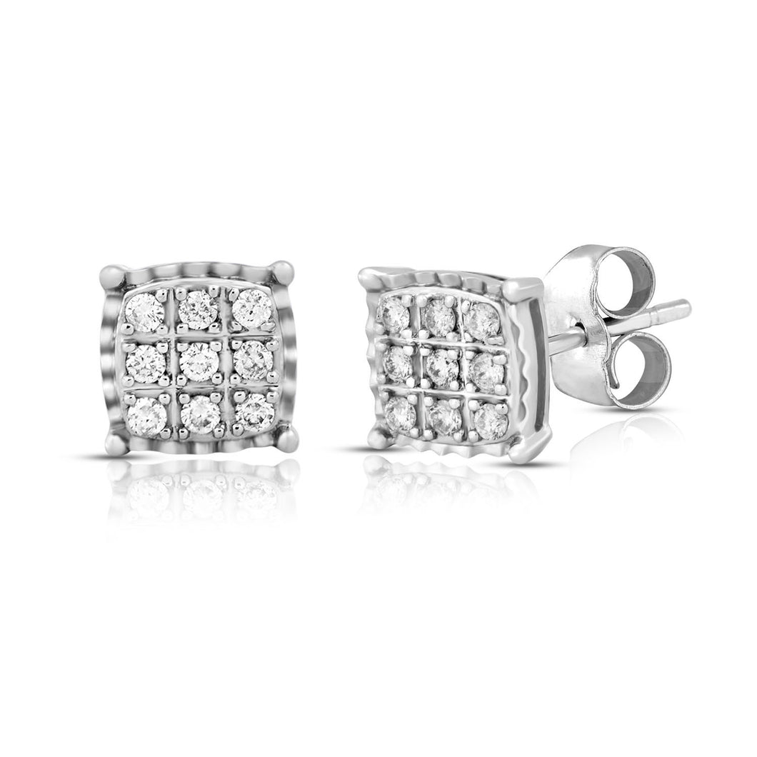 Jewelili 14K White Gold With 1/5 CTTW Natural White Round Diamonds Square Shape Miracle Plate Cluster Stud Earrings
