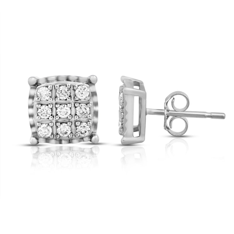 Jewelili 14K White Gold With 1/5 CTTW Natural White Round Diamonds Square Shape Miracle Plate Cluster Stud Earrings