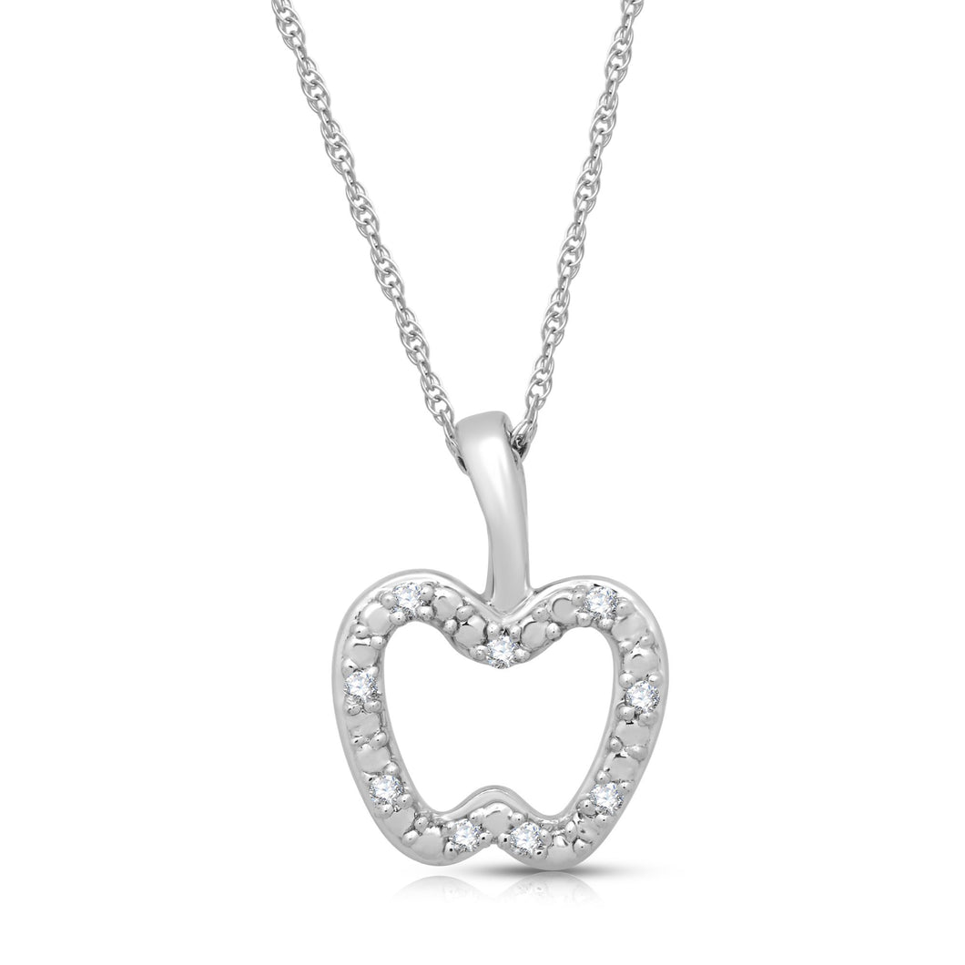 Jewelili Fruit Charm Apple Pendant Necklace with Natural White Round Diamonds in Sterling Silver 