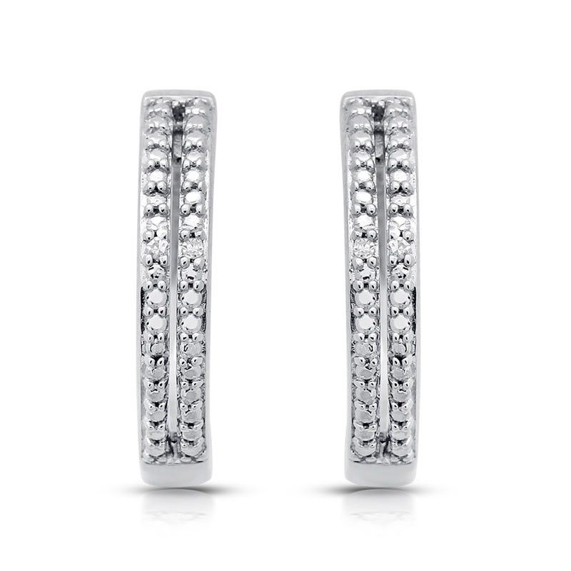 Jewelili Stud and Hoop Earrings Set with Natural White Round Diamonds over Sterling Silver view 5